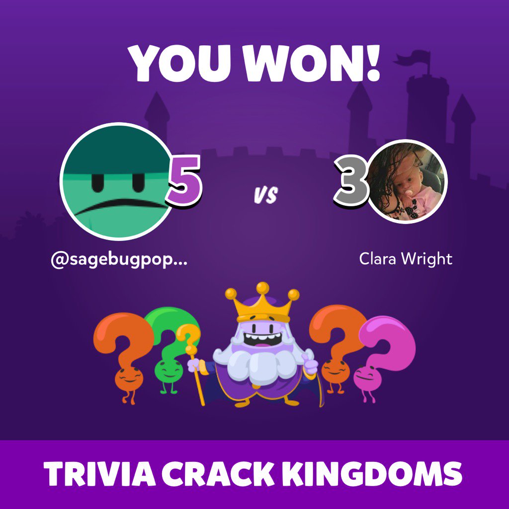 sagebug101's tweet photo. I just won a game against Clara Wright in Trivia Crack Kingdoms!  https://t.co/iC4z1Ngc8k https://t.co/tGnNndpPci