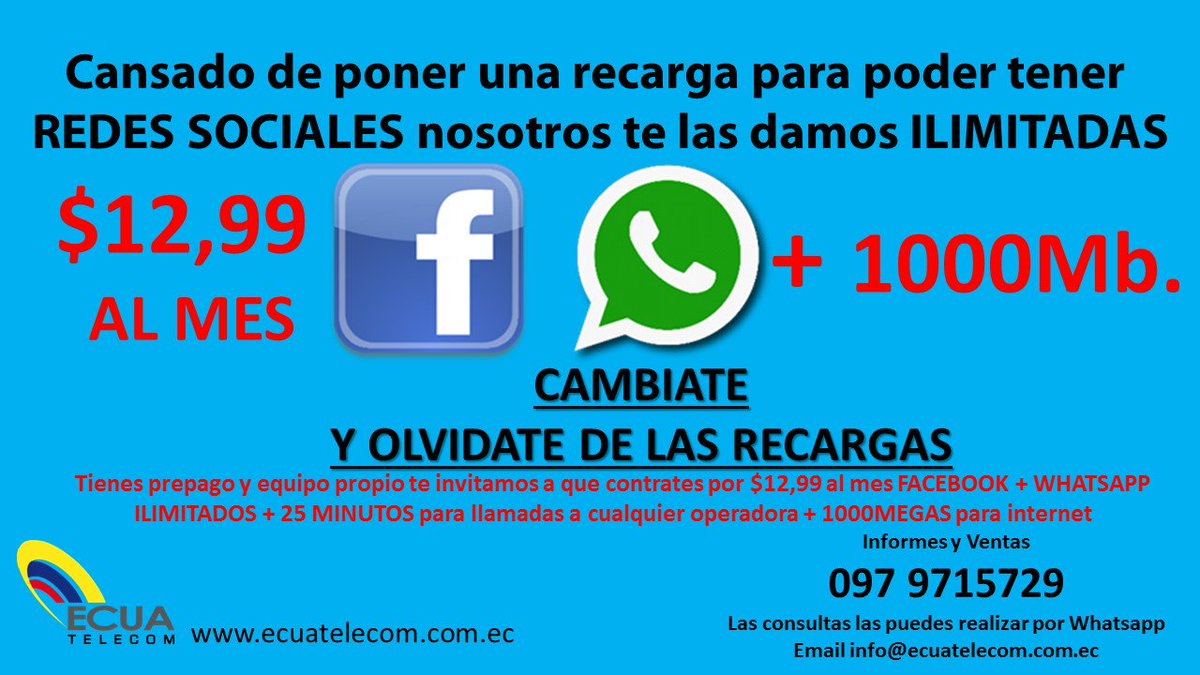 ecuatelecom's tweet photo. No más RECARGAS! Ahora x $12 al mes obtén REDES SOCIALES ILIMITADAS y mucho + xfa RT @GabrielaGuzmanV info0979715729 https://t.co/Hx7tCGK27B