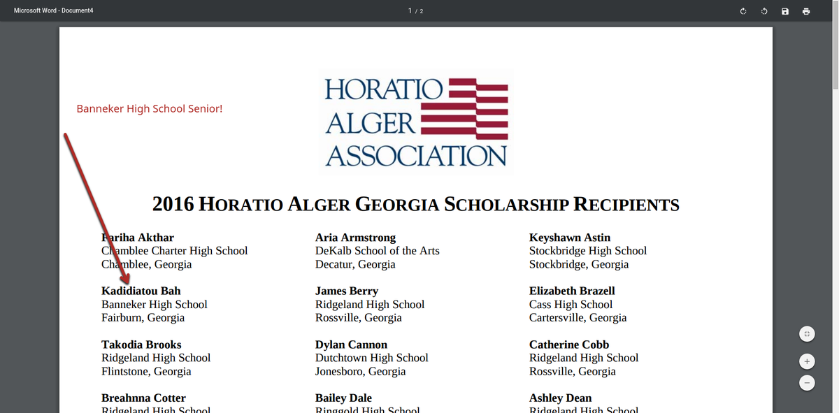 IBTenthGradeLit's tweet photo. Congratulations Kadidiatou Bah on the Horatio Alger Georgia Scholarship! @Banneker_HS @PatsELAClassBHS https://t.co/1kJzgh03Za