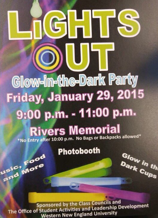 WNE2016Council's tweet photo. Guess what's back?! #LightsOut is next Friday January 29th at 9:00PM in Rivers. Come get some awesome free t shirts! https://t.co/A97BUl7Q8L
