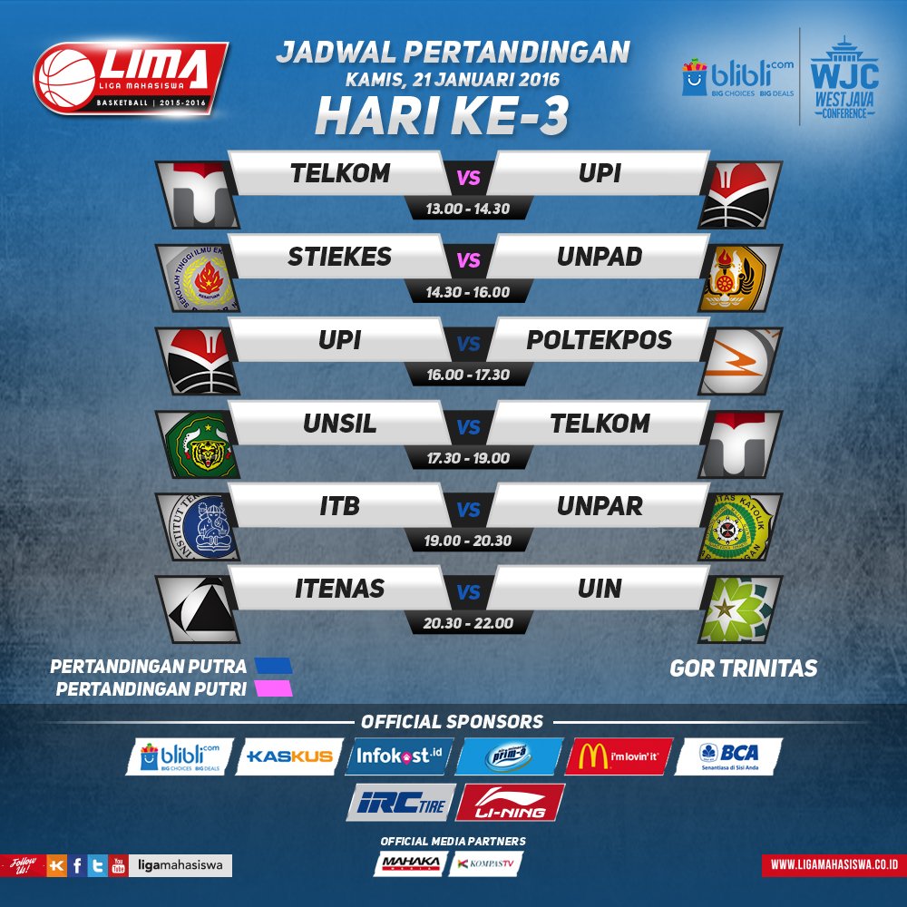 ligamahasiswa's tweet photo. [FIXTURES] #LIMABasket @bliblidotcom West Java Conference : Day 3 https://t.co/P8bY8r7hjv
