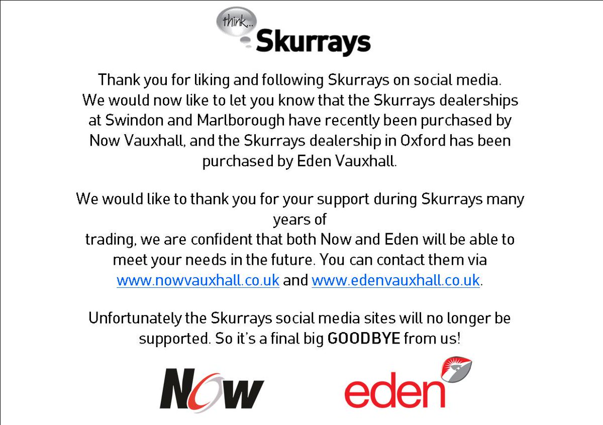 Skurrays's tweet photo. A big final goodbye from Skurrays, as we have now been purchased by @NowVauxhall and Eden Vauxhall.. https://t.co/tE08icp903