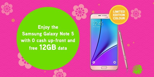 Maxis's tweet photo. You’re in luck this #ChineseNewYear! Grab the #SamsungGalaxyNote5 in pink for RM93/mth, only on #MaxisZerolution. https://t.co/GZ4mUjjGwa