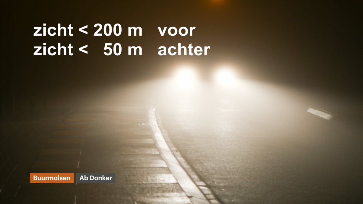 BuienRadarNL's tweet photo. Voor de duidelijkheid dichte #mist met zicht < 200 m, #mistlampen voor en bij zicht < 50 m mag ook achterlicht aan. https://t.co/L8RXfp6Tzz