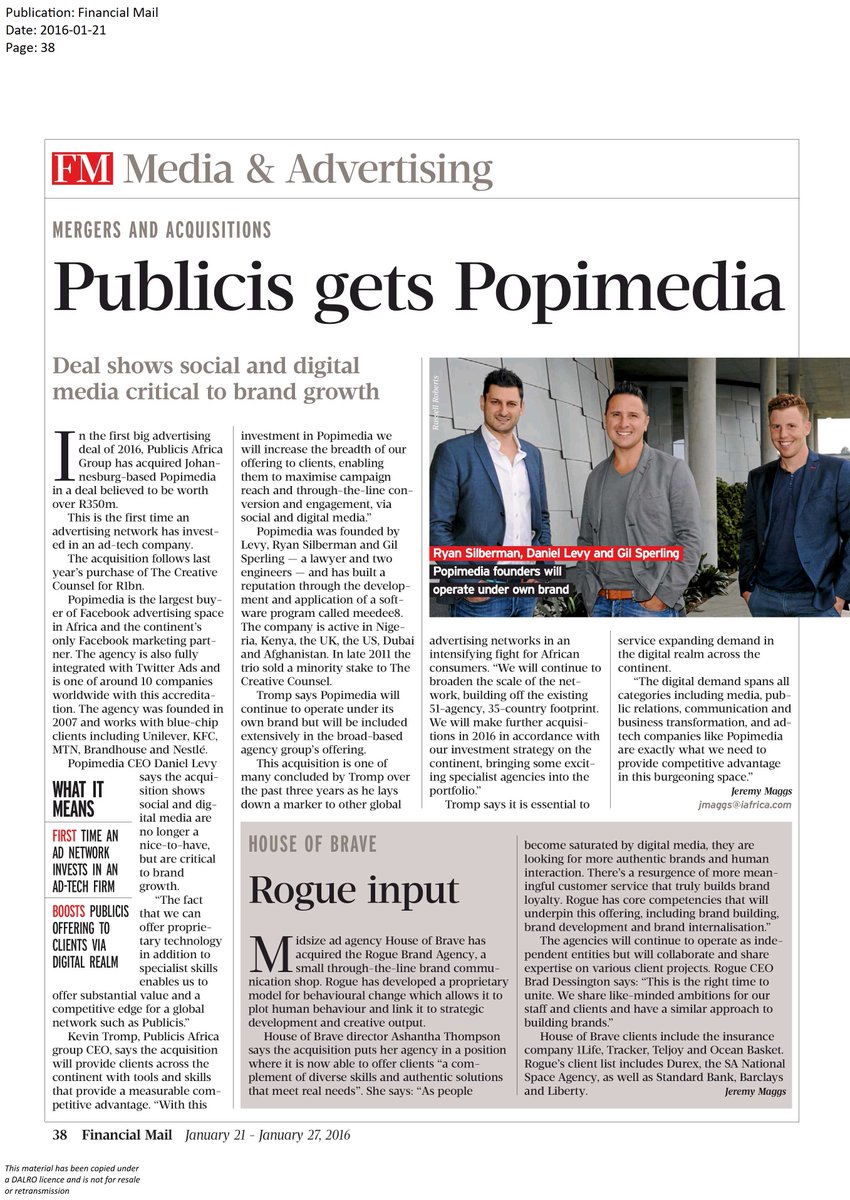 PopimediaSocial's tweet image. The founders of @PopimediaSocial in @FinancialMail on the acquisition of Popimedia by @PublicisAfrica