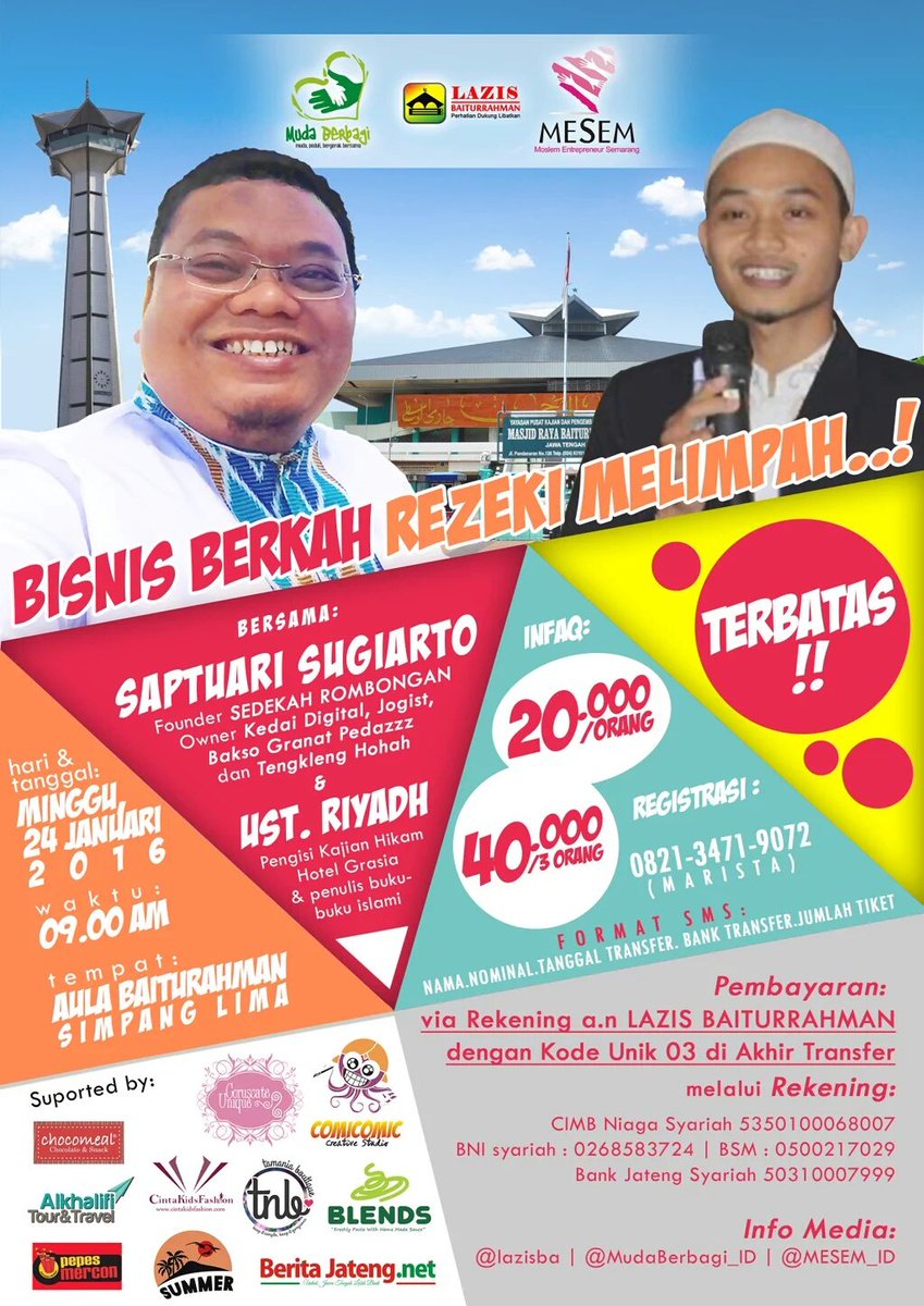 seara_izaki's tweet photo. Karna bisnis gag melulu tentang Laba/Rugi.. Yukk ikut Seminar @MudaBerbagi_ID bersama @Saptuari dan Ust.Riyadh :) https://t.co/DdxaocWXOG