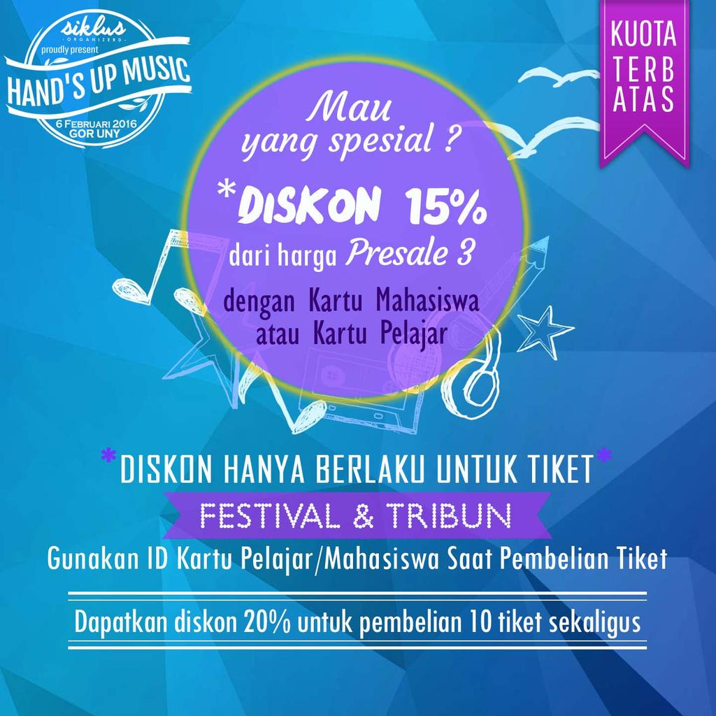 Holaa sblum hujan dtg, minul duluan mbawa diskon buat PELAJAR/MAHASISWA yipiii15% disk #HandsUpMusic fest&amp;tribun