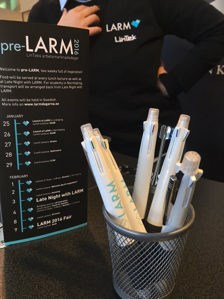 LinTek_LARM's tweet photo. LARM-pennor finns på plats hos oss vid montern i studentfiket👌🌟 kom och knip en sån! (Och värdar hämta väska😉) https://t.co/eAbvJwi2AW