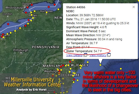 HorstWeather's tweet photo. Water temps ~100 miles offshore are ~10° warmer than normal. #StrongStorm  #BustPotential #Change2Sleet https://t.co/mMDaDz3o9f