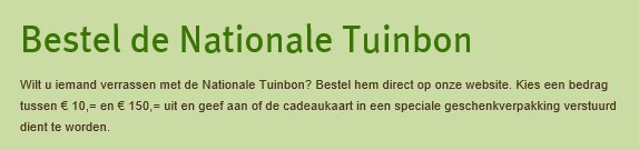 Wilt u iemand verrassen met de Nationale Tuinbon? Bestel hem direct op onze website.
nationale-tuinbon.nl