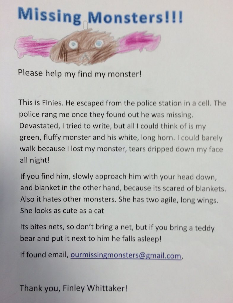 FindOurMonsters's tweet photo. Finley is distraught! His monster Finies has escaped. Please keep eyes peeled for him. #missingmonster https://t.co/bfvFHjgnIN