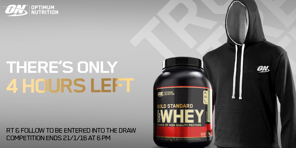 UKTeam_Optimum's tweet photo. 4 hours left!! RT &amp; Follow for your chance to #WIN an ON Hoody and #GoldStandard Whey! #TeamON https://t.co/UXbKyoajUO