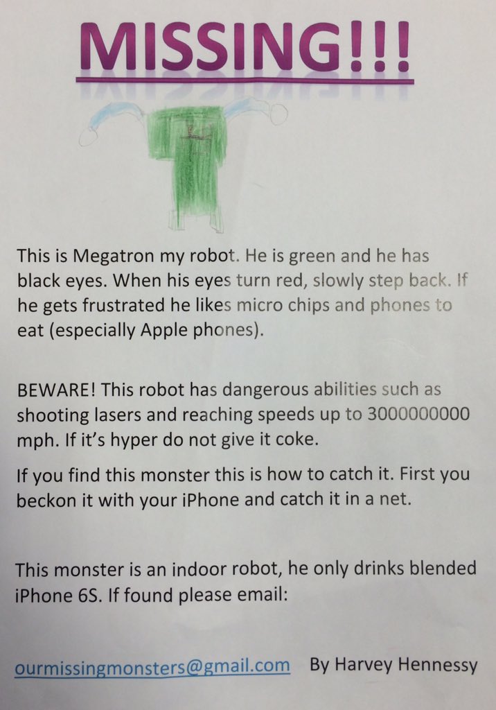 FindOurMonsters's tweet photo. Be careful of Megatron. If you see it contact us via the email on the poster. #missingmonster https://t.co/YVwj6U2WyM
