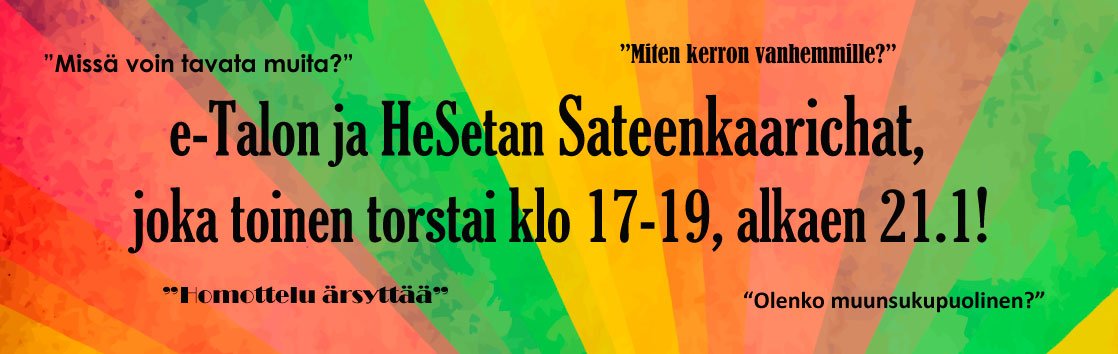 etalofi's tweet photo. Tänään ensimmäinen Sateenkaarichat klo 17-19! https://t.co/zcKfRsOlnz #sateenkaarichat #LupaKysyä @HeSetary @seta_ry https://t.co/LT0GXU9P5S