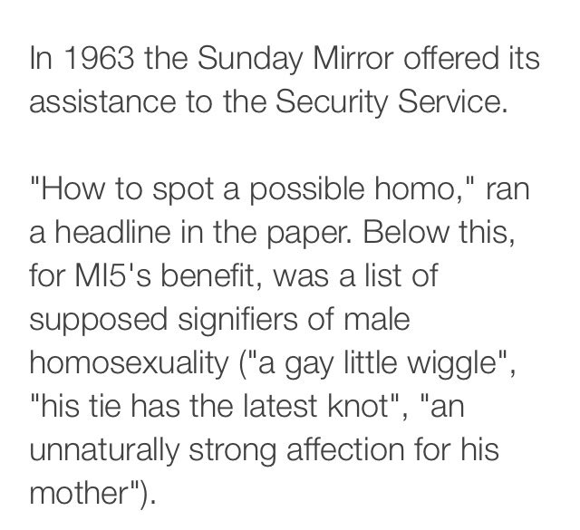 BBCNewsbeat's tweet photo. 'How to spot a homo' - advice from the Sunday Mirror in 1963, the era feared gay spies https://t.co/y6vuqMJ2CE https://t.co/f6uXStom0P