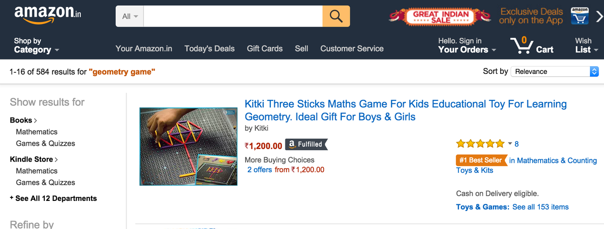 openkitki's tweet photo. #ThreeSticks is now #1 #BestSeller on Amazon.in
Perfect #gift for 8+ yrs. https://t.co/lEfupEhRoK #edchat #mathchat https://t.co/pZ62CTp6zL