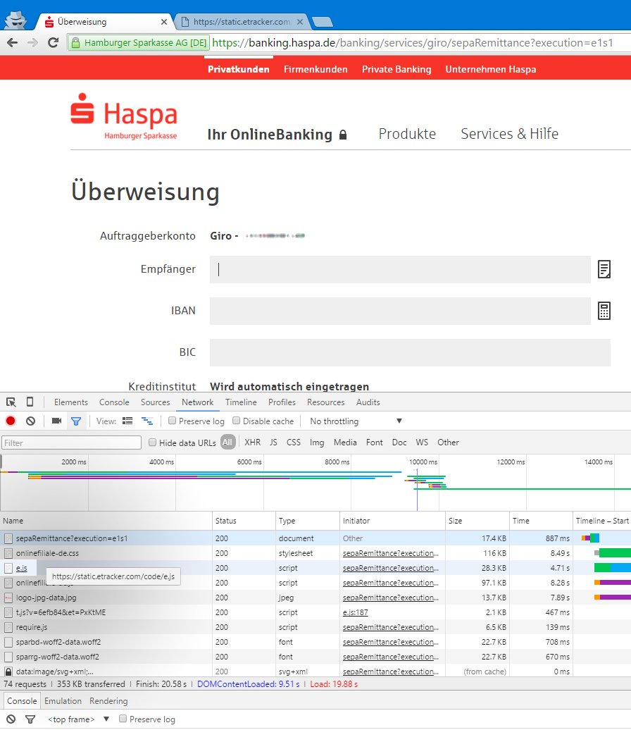 losso3000's tweet photo. Ist das euer Ernst, #HASPA?! 95 KB Tracking-Code auf der Seite mit dem Überweisungsformular… https://t.co/1Oyx0QuV3r https://t.co/8GO6r9NQhj