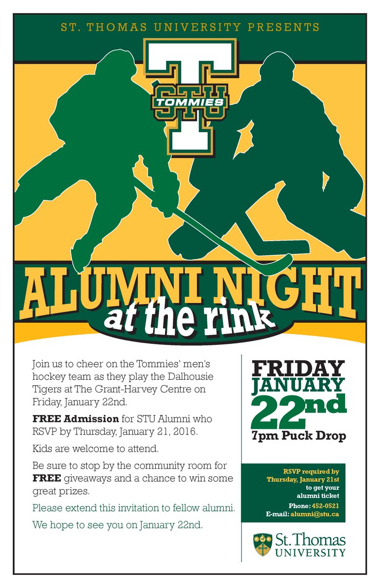 TommiesSTU's tweet photo. Don't miss Alumni Night at the Rink, with @STU_MHOC taking on @DalTigers. Puck drop is at 7:00 pm. @StThomasAlumni https://t.co/uI42pESxA4