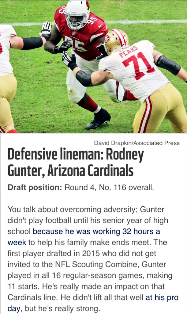 chucksmithnfl's tweet photo. He worked hard, He had a awesome season! Thx @Gil_Brandt for recognizing #RodneyGunter #Proud #AllRookieTeam #Cards https://t.co/I61xYbMgCF