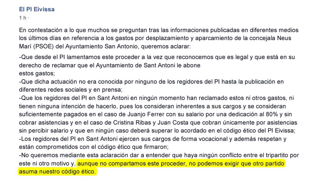 Hace 6 meses <a href="/elPiEivissa/">El PI Eivissa</a> <a href="/_JuanjoFerrer/">Juanjo Ferrer</a> no pactaban si no asumían su código ético, hoy dicen lo contrario #Neus0.4€