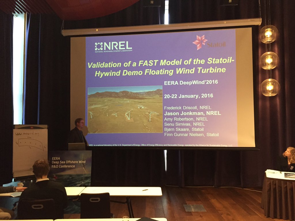 TKvamsdal's tweet photo. Jason Jonkman @NREL presents simulations of Hywind demo floating wind turbine at #deepwind https://t.co/eVP6dlBZGF