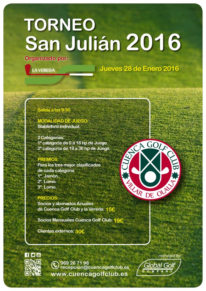 El Jueves, 28 Enero celebraremos el Torneo San Julián 2016 en <a href="/GolfCuenca/">CuencaGolfClub</a> Te esperamos! <a href="/Turismo_Cuenca/">Turismo_Cuenca</a>
