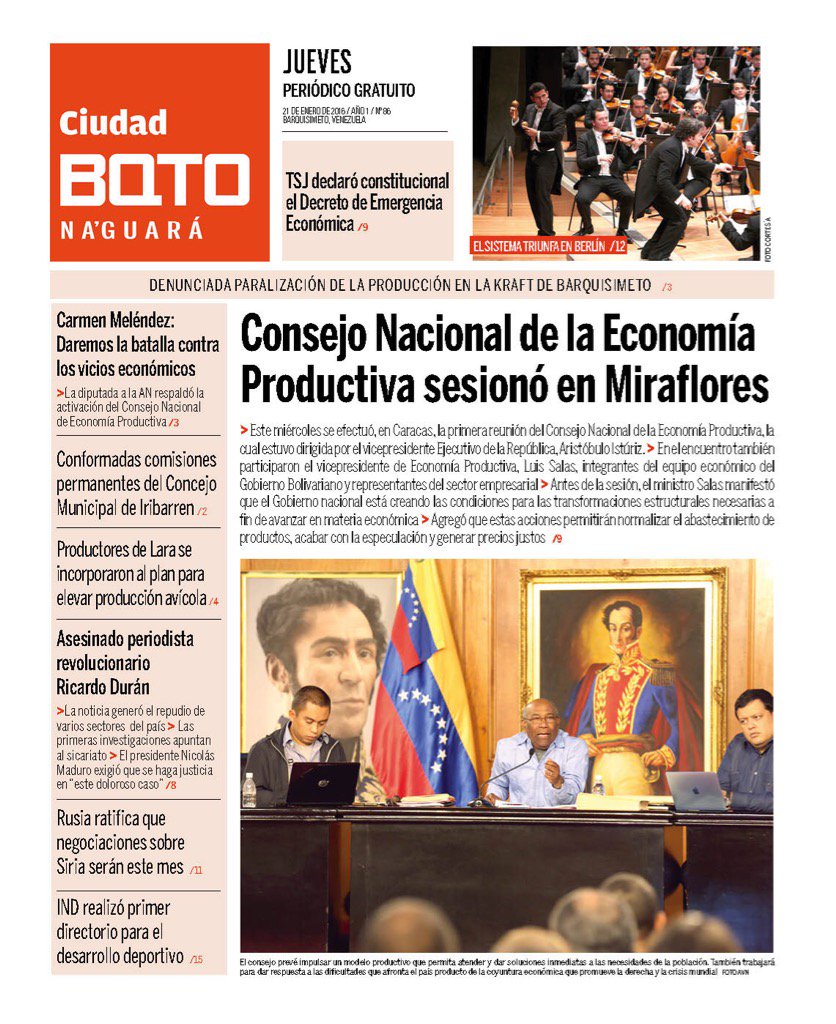 gestionperfecta's tweet photo. Buenos días, esta es la portada Nro 86 del periódico @Ciudad_BQTO https://t.co/BvFLYla75a