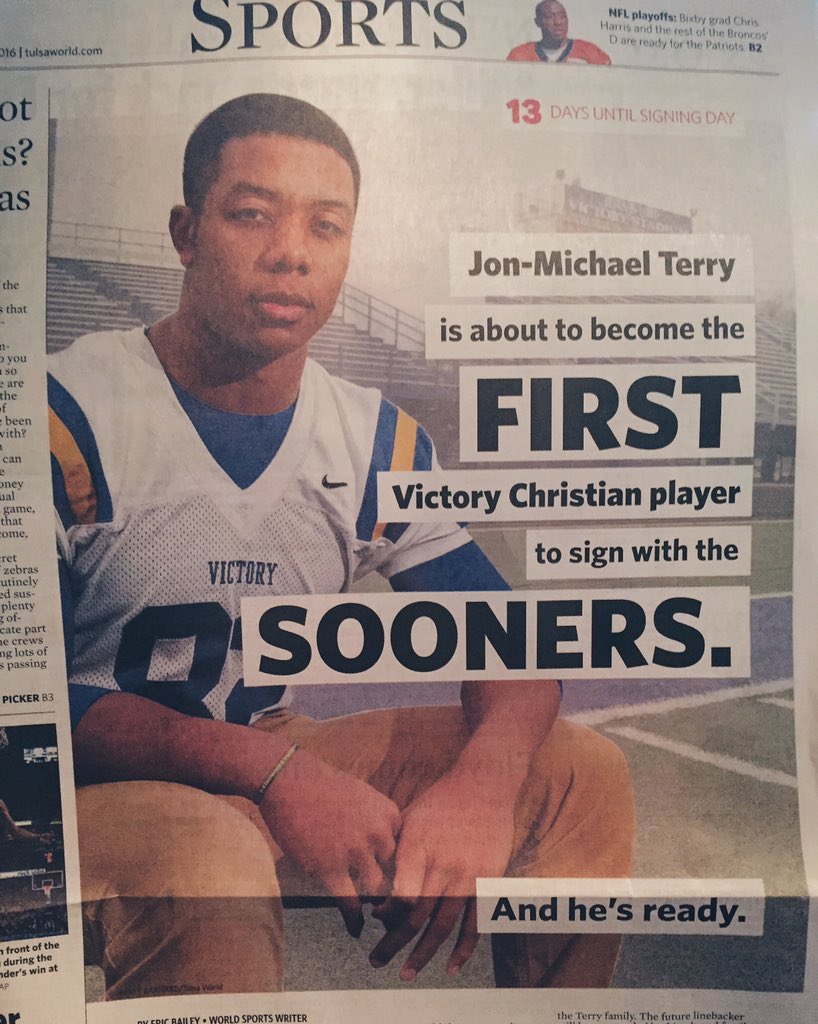 vcstulsa's tweet photo. Front page of SPORTS page today @TWSportsExtra  // @JonMichaelTerry @OU_Football signee!

#CNQR
#Boomer https://t.co/YfpDI7jSUY