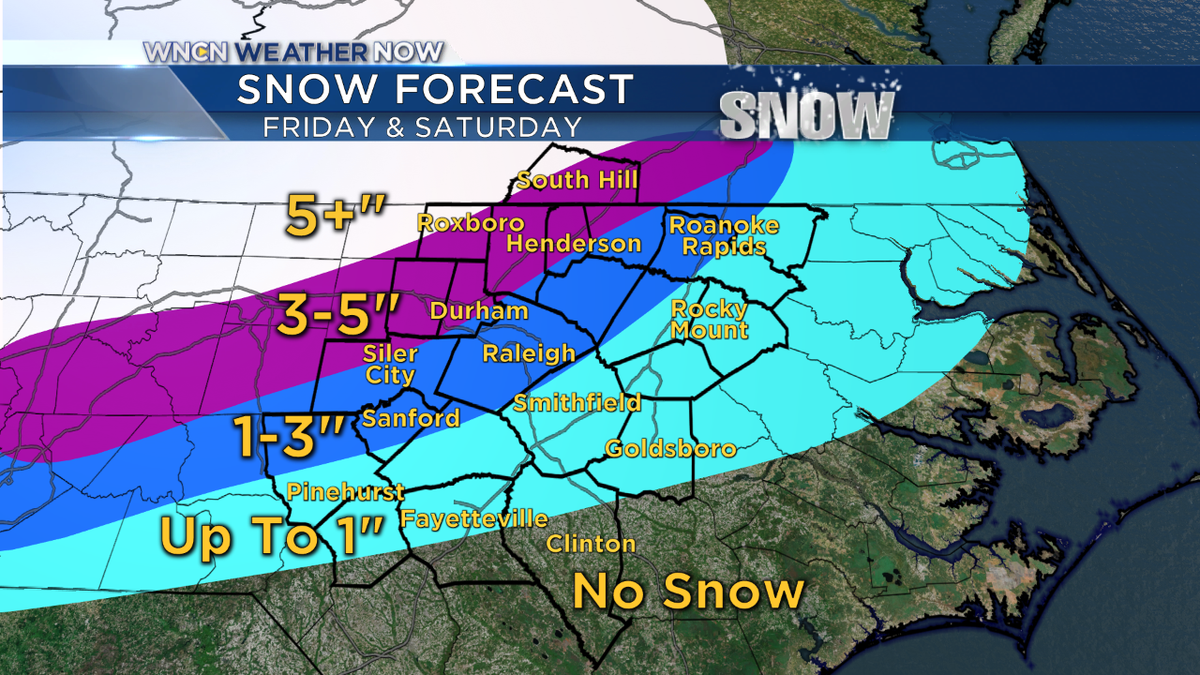 weatherAC's tweet photo. Here's your latest #snow forecast. #Triangle could receive 1-3" of snow & sleet. Person County could get over 5". https://t.co/d8bhszRLe6