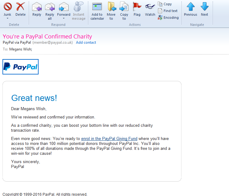 MegansWish's tweet photo. After a year long battle with Paypal we got the email saying they confirmed us as being a charity. #NeverGiveUp https://t.co/iDl5dE21Bv