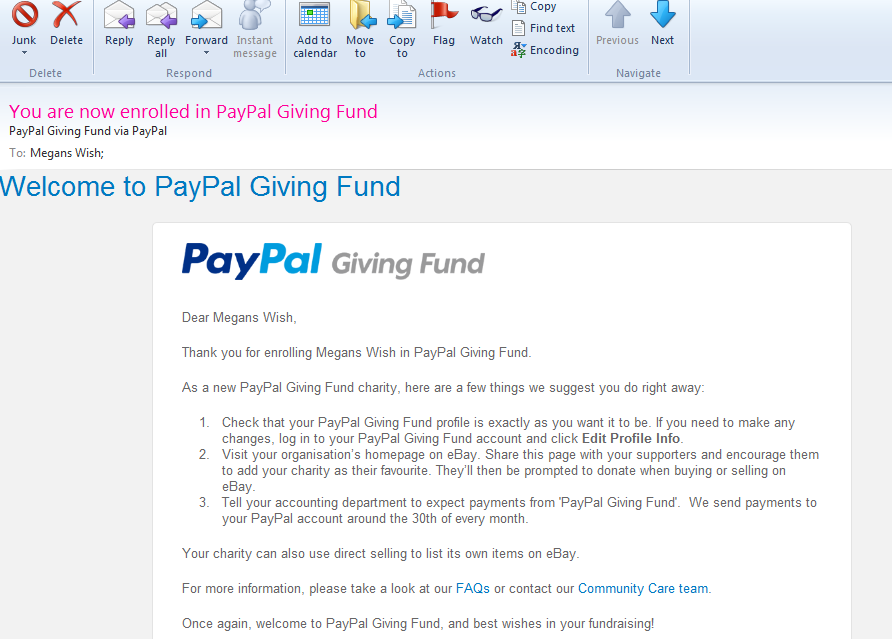 MegansWish's tweet photo. After a year long battle with Paypal we got the email saying they confirmed us as being a charity. #NeverGiveUp https://t.co/iDl5dE21Bv