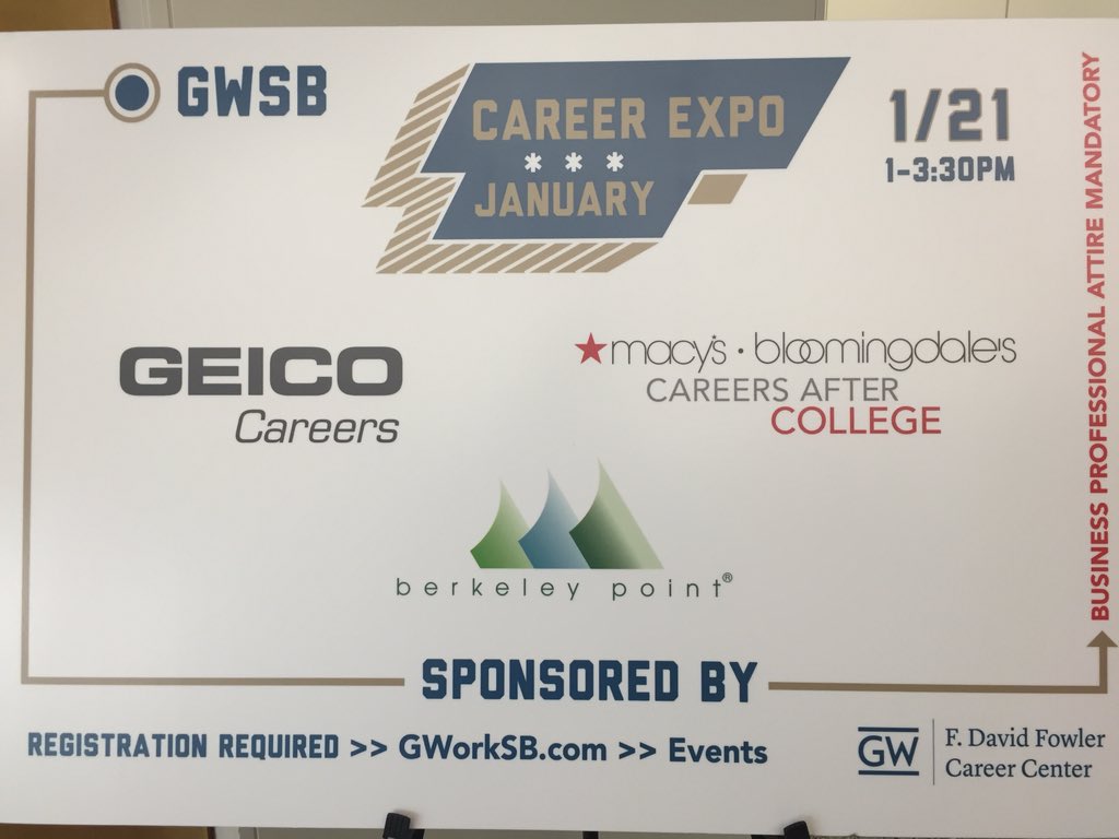 No lines at the #GWSBcareerexpo right now. Stop by in your business interview attire and impress our sponsors!