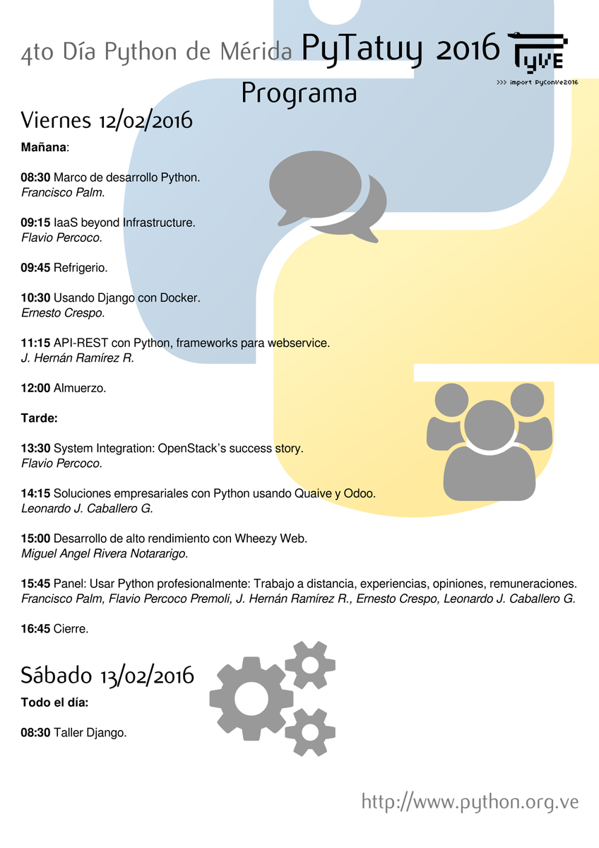 PythonVE's tweet photo. @PloneVe El 12 y 13 d febrero 2016 se celebrará el 4to Día Python #PyTatuy2016 en #Merida #Venezuela #PyVe #Python https://t.co/m4wQbjMGxa