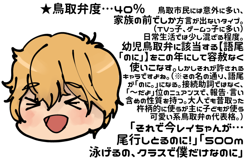 #鳥取弁Free! 皆何処で覚えるのか知らないが、小さい頃は自然と「のに」を付け、大人になると自然と「のに」を消していく謎の鳥取弁。個人的にハルカは小さい頃も大人ばりの鳥取弁を喋り、【語尾「のに」】にならなかったイメージです。 
