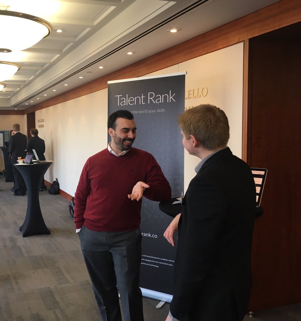 ranktalent's tweet photo. You'd buy anything from this guy. Fede #pitching Talent Rank brilliantly at Credit Suisse #CSFinTech https://t.co/hx9Fuc9Xfo