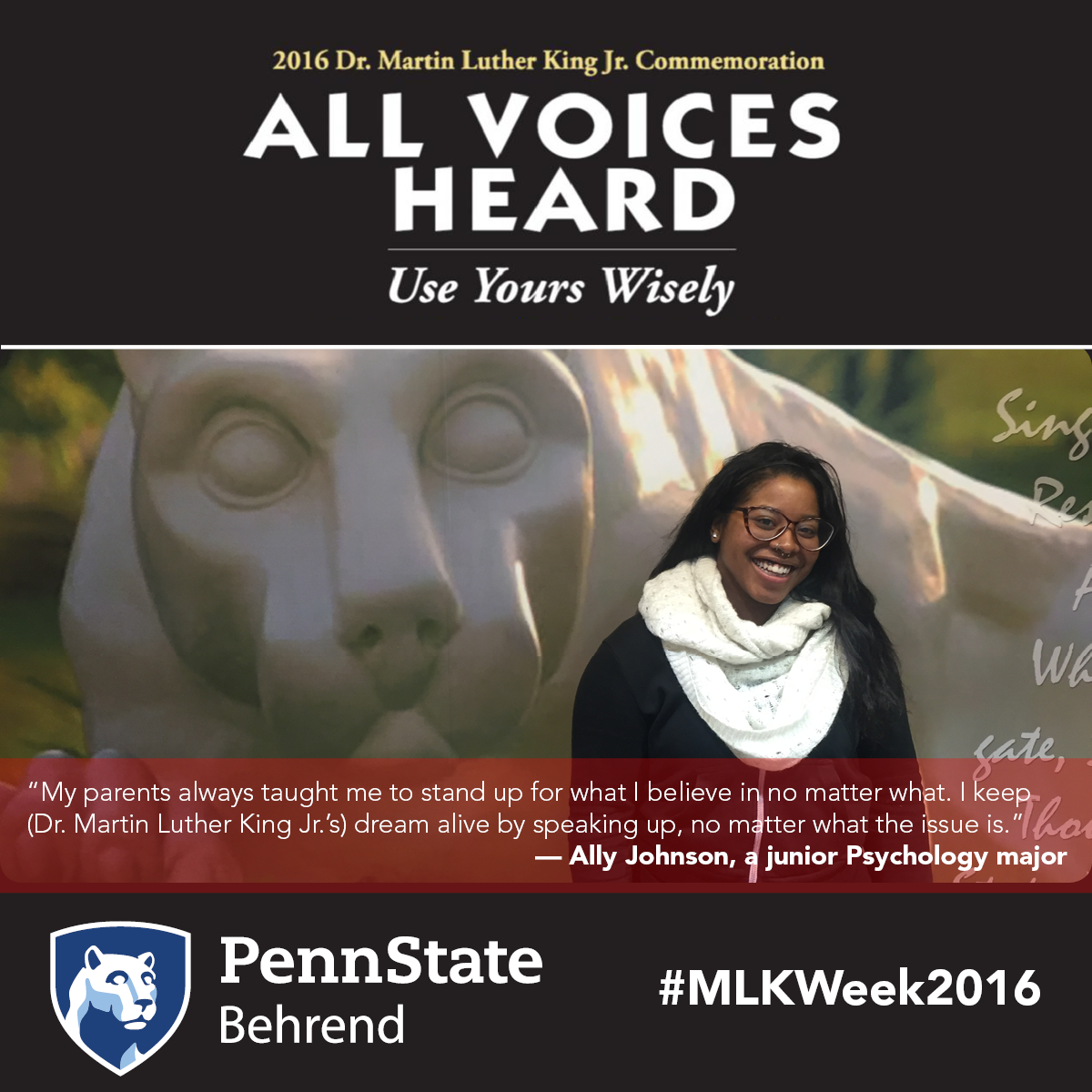 PSBehrend's tweet photo. Ally Johnson, a junior Psychology major, has never been afraid to stand up for what she believes in. #MLKWeek2016 https://t.co/Qh0Kh1jcjv