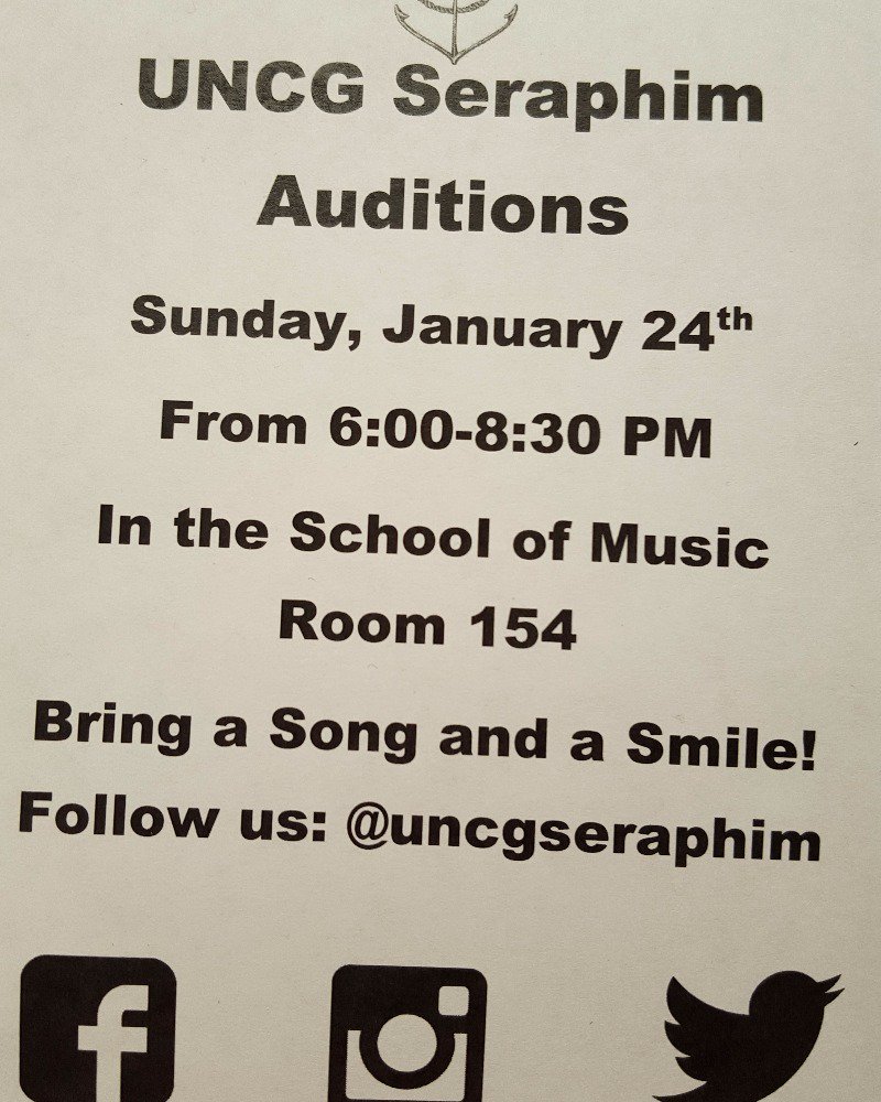 uncgseraphim's tweet photo. Three days till @uncgseraphim auditions! Come prepared with a song and a smile! https://t.co/rntKNGcQ3O