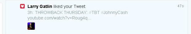 WCLASports's tweet photo. When @LarryGatlin "likes" your #JohnnyCash tweet. #Thursdaywinning #country1057 https://t.co/9GxV0b6Vju