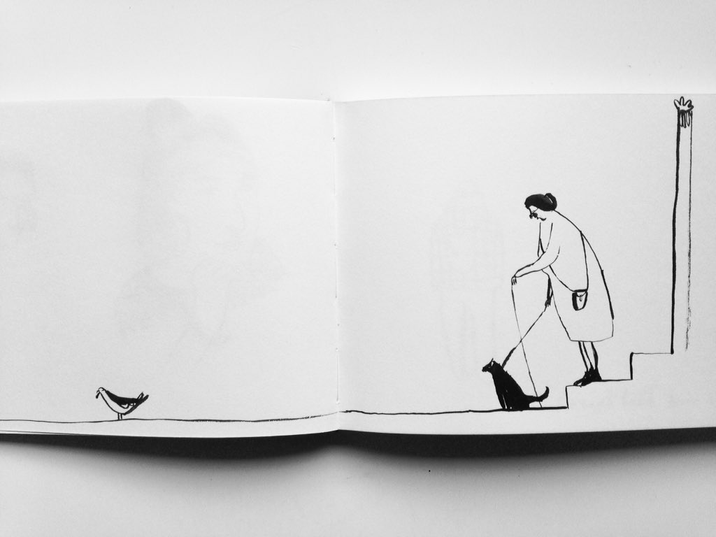 Elderly lady, dog and pigeon going for a walk #illustration