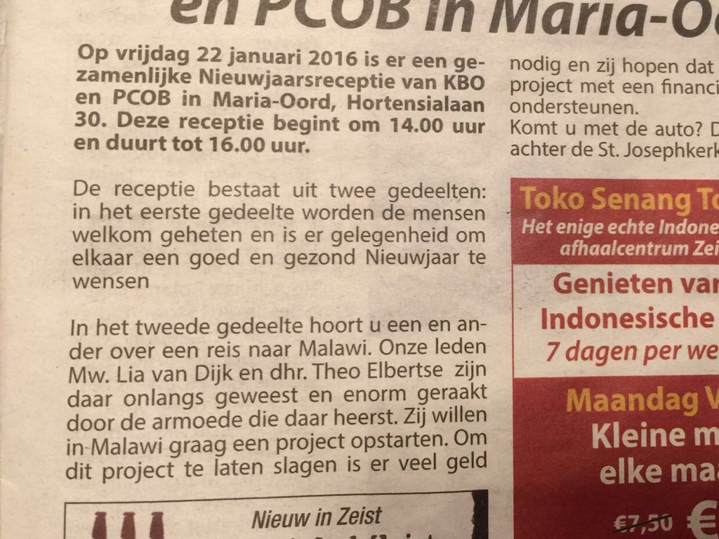 Eerste Malawi voordracht van onze Rotarygroep vindt plaats op 22 januari bij de PCOB