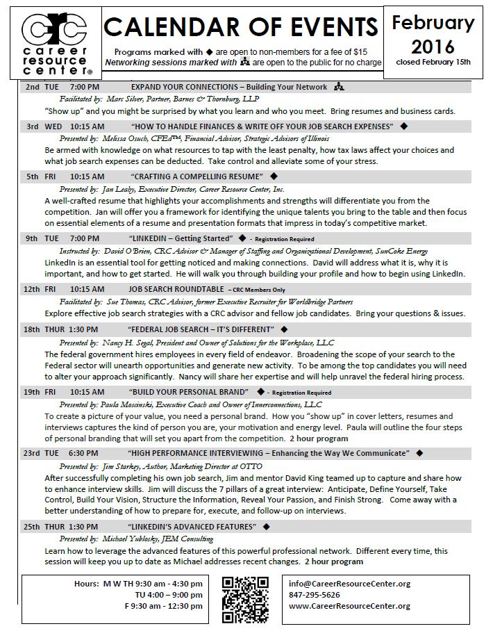 CRCJobSearch's tweet image. February Events - #jobsearch #chicago #gethired
careerresourcecenter.org/wordpress/wp-c…