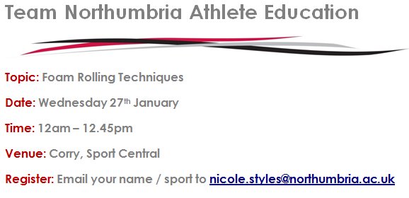 NorthumbriaTEAM's tweet photo. Sign up to our Foam Rolling workshop to maximise the effectiveness of your recovery! #TNSupportNetwork https://t.co/4Vtav37air