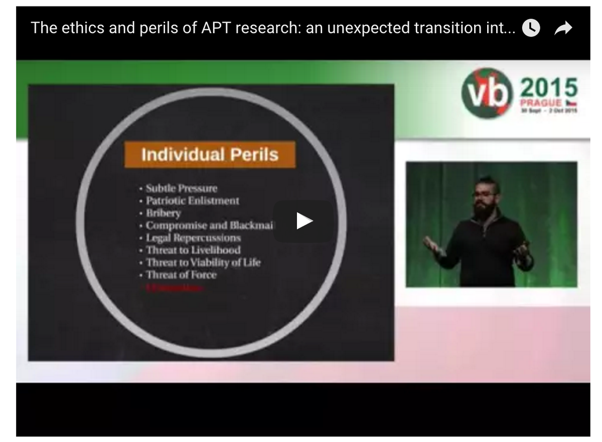 spontiroli's tweet photo. #VB2015, "The ethics and perils of APT research" by @juanandres_gs https://t.co/UP6aesAXgF https://t.co/gYpyM7s3h4