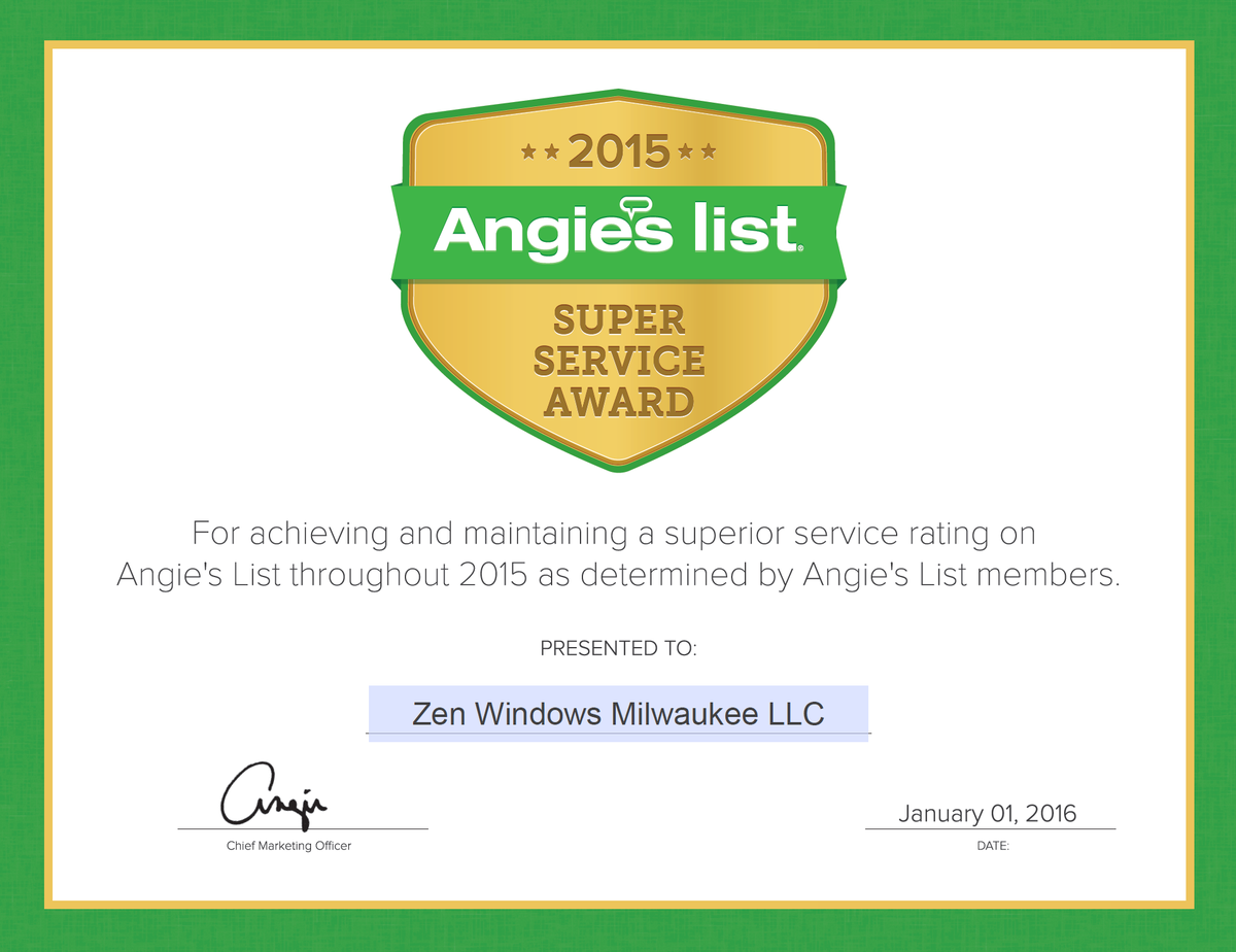 ZenWindowsMKE's tweet photo. We have earned the coveted Angie's List Super Service Award for the 2nd year in a row! https://t.co/SgZIFYBEDC https://t.co/AdH1SD2zkw