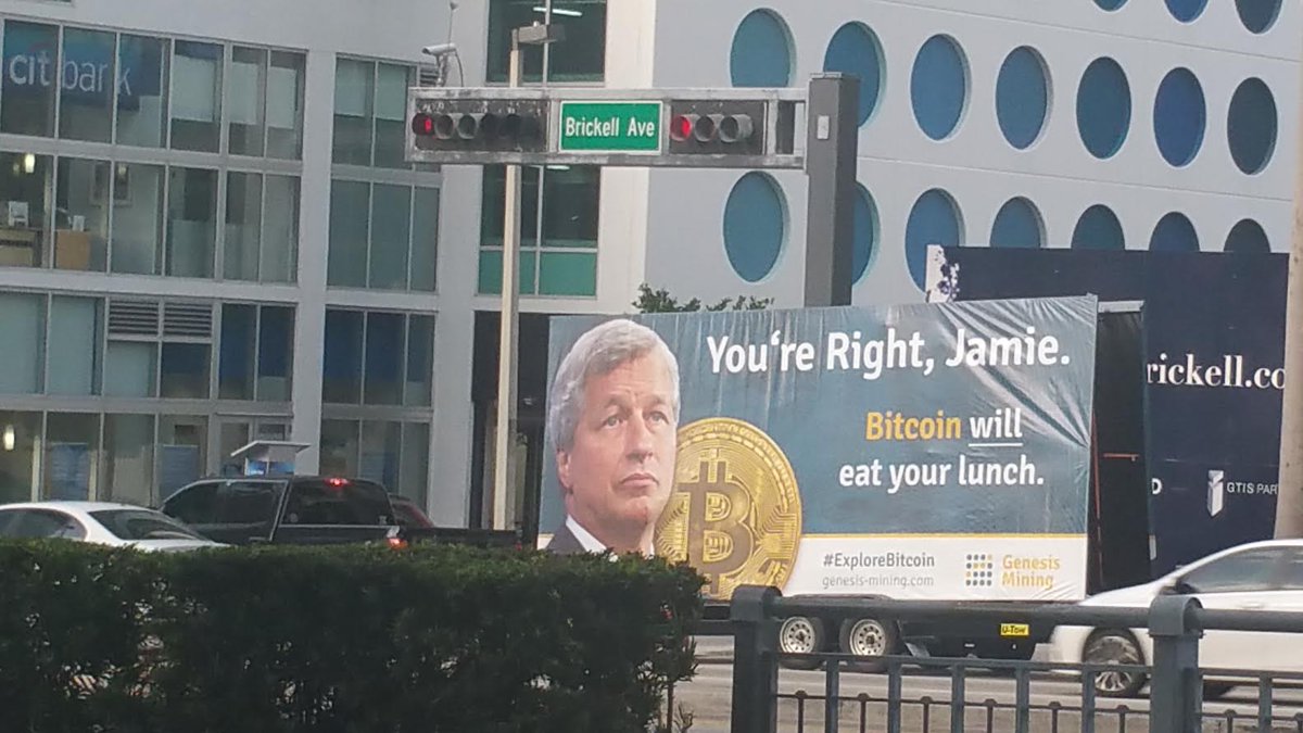 StevenNerayoff's tweet photo. "You're right Jamie, Bitcoin will eat your lunch" billboard at the Miami Bitcoin Conference #bitcoin @GenesisMining https://t.co/hAp1Tx09sY