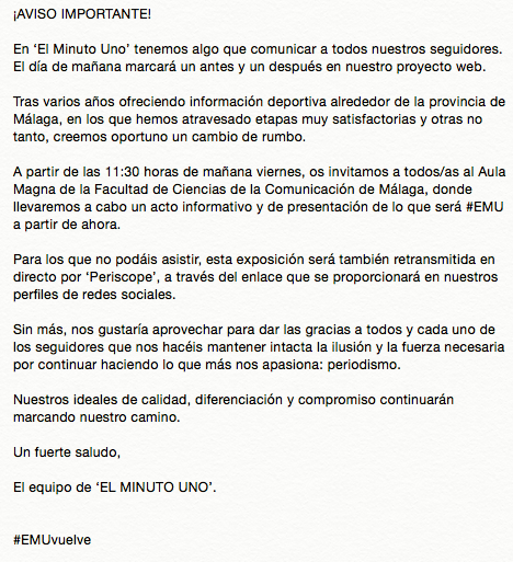 elminutouno's tweet photo. ¡AVISO IMPORTANTE! 
Nueva etapa. Misma ilusión y más ganas que nunca.
#EMUvuelve #CYGEI  @FrancisPaniagua https://t.co/W6SJ9Qi8Cu