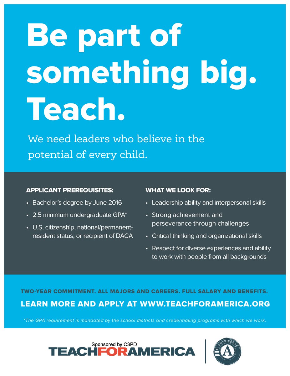C2Success1301's tweet photo. Be part of something big. TEACH. Learn more and apply at https://t.co/acEjs9gu25 @TeachForAmerica #C2Success https://t.co/NmONmN2CAg