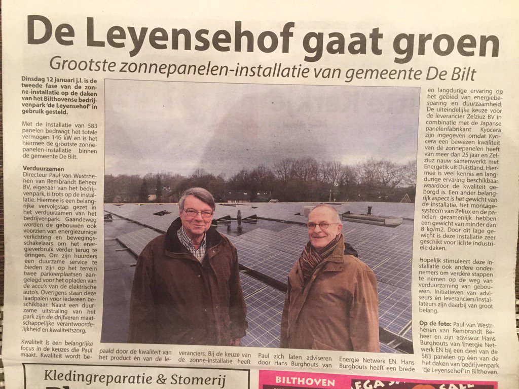 BENGDeBilt's tweet image. "De Leyensehof gaat groen" mooi artikel over grootste zonnepaneleninstallatie in @GemDeBilt - 583 panelen / 146 kW