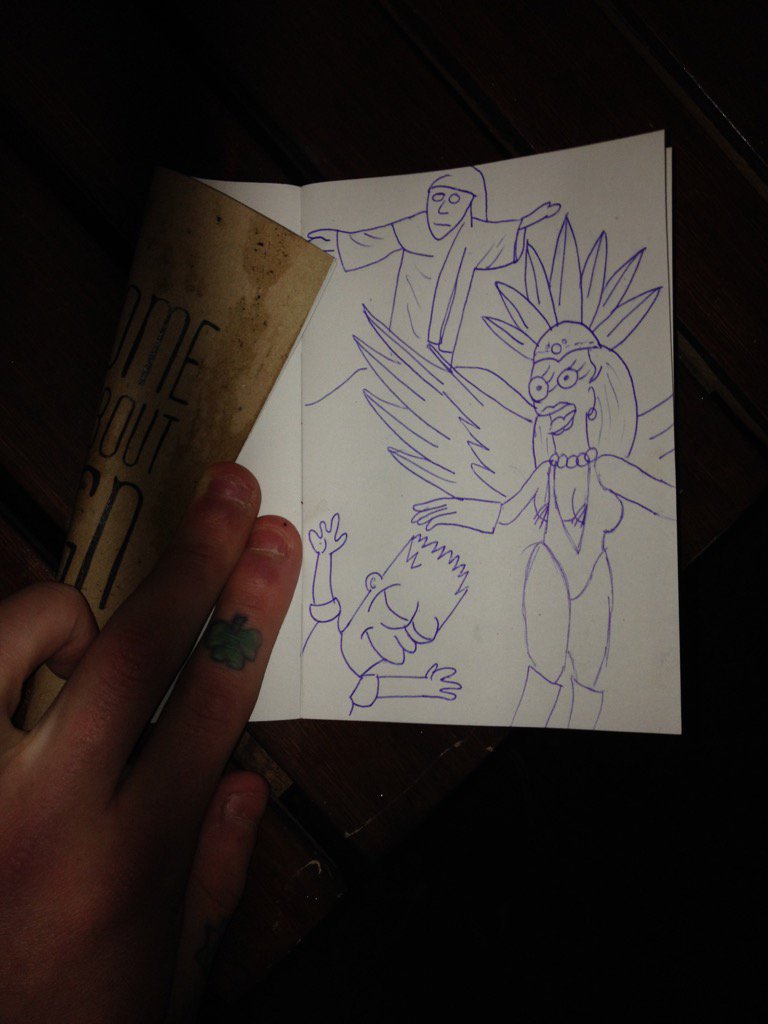 iAmKyleSowden's tweet photo. Really enjoying @designstuffCDF - have a sketch of Bart dancing underneath Christ the redeemer haha #DesignStuffCDF https://t.co/z1aCNLH0ka