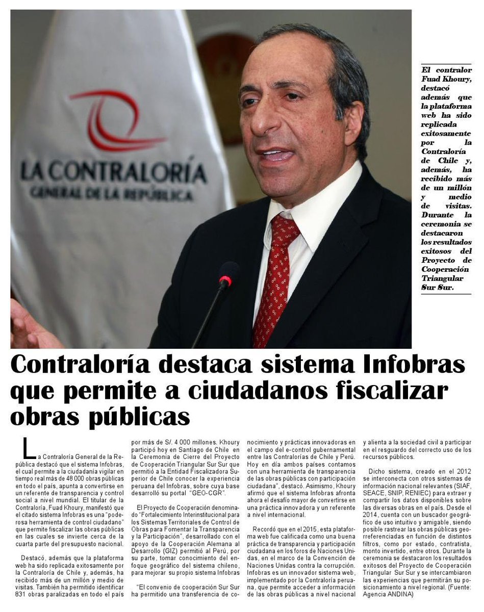 ContraloriaPeru's tweet photo. Vía diario #PanoramaTrujillano: CGR destaca sistema #INFOBRAS que permite a ciudadanos fiscalizar obras públicas. https://t.co/1ypwm8F9LX